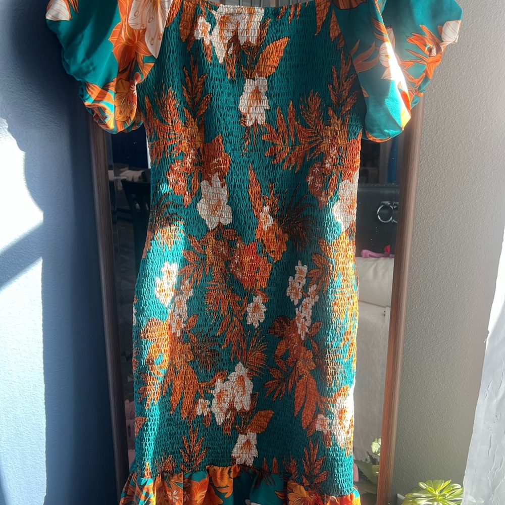 Floral Smocked Dress in Green and Orange